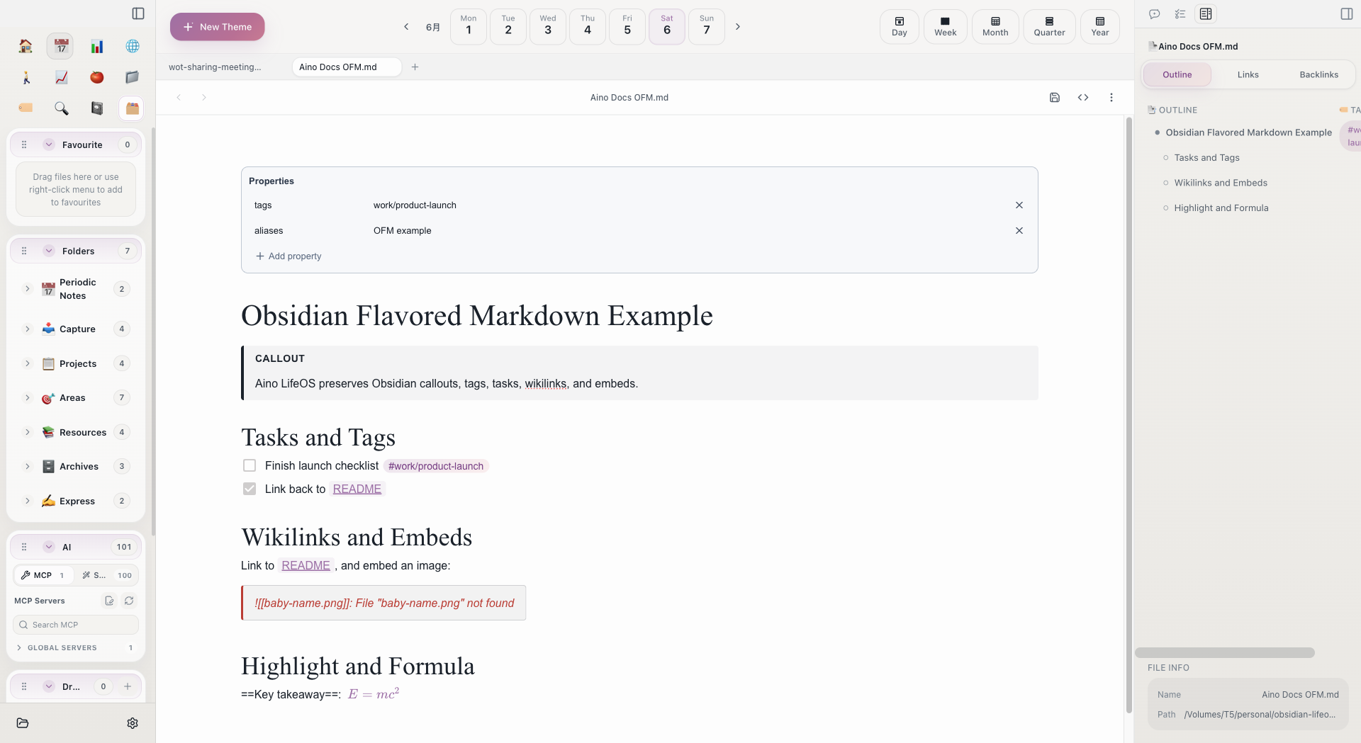 Obsidian Flavored Markdown compatibility: Frontmatter, callouts, tasks, tags, wikilinks, image embeds, and formulas render in Aino