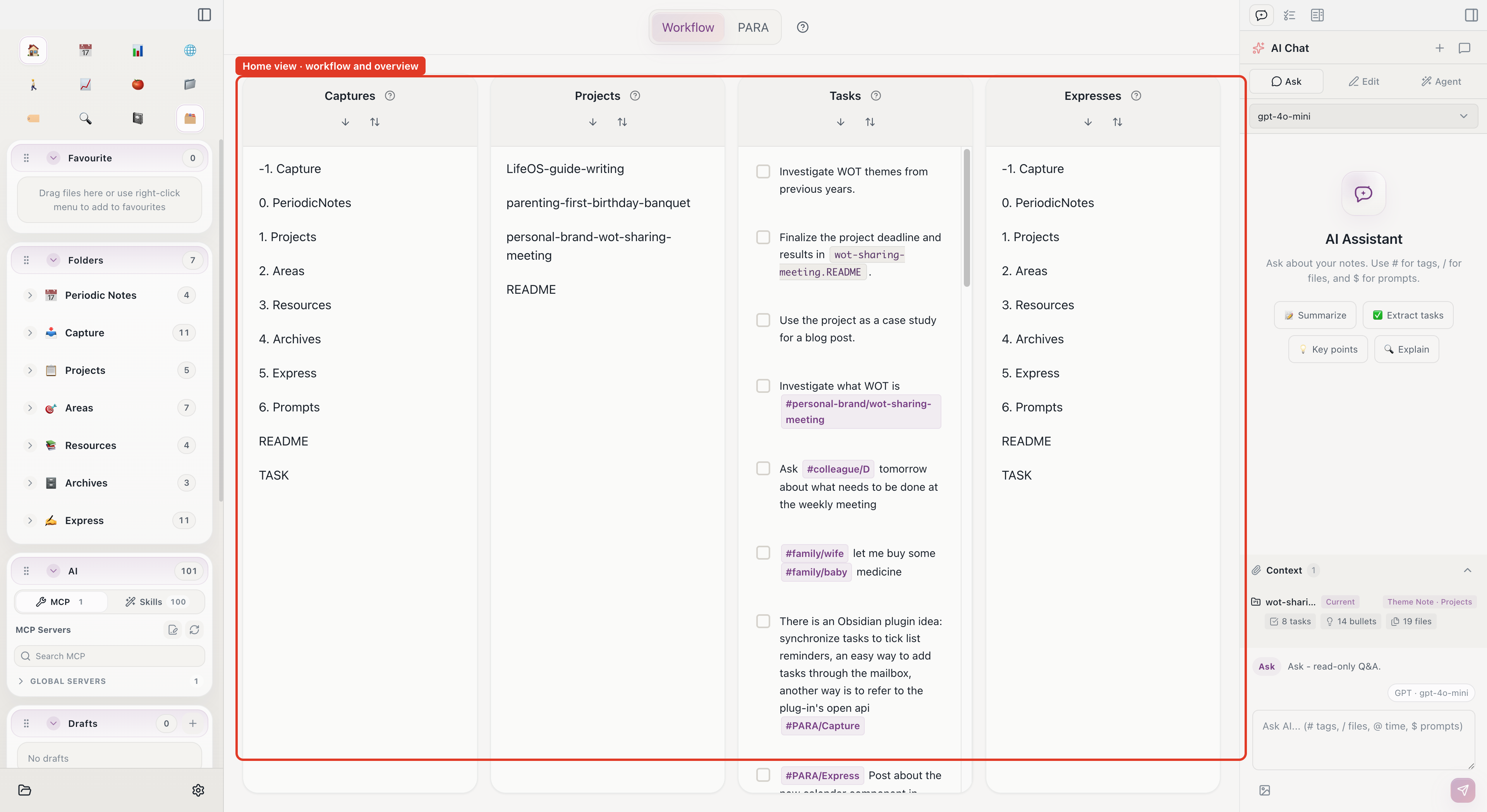 Home view: workflow columns and project overview