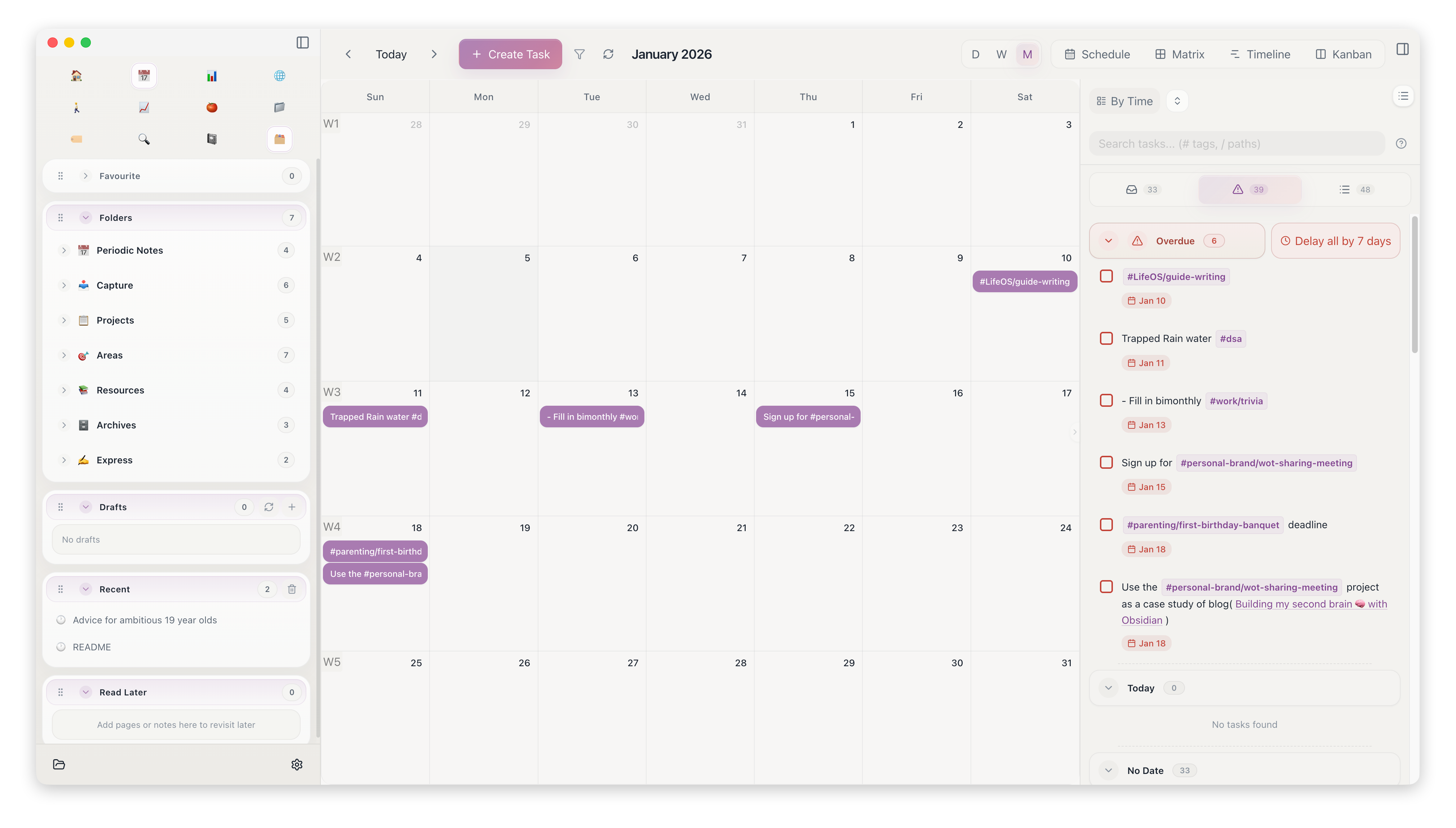 Aino calendar and task management screen showing scheduled tasks and the task list