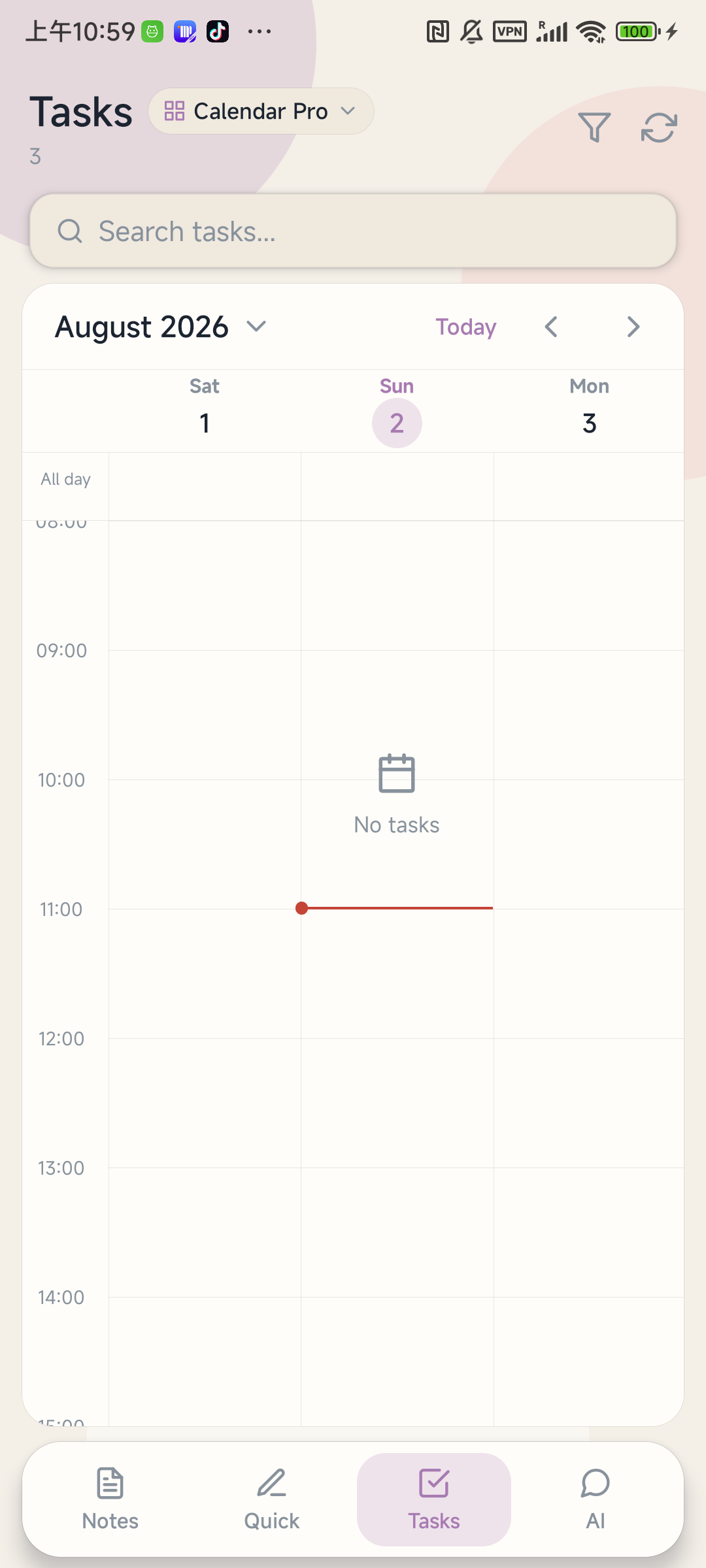 Aino Mobile Calendar Pro three-day view showing yesterday, today, and tomorrow