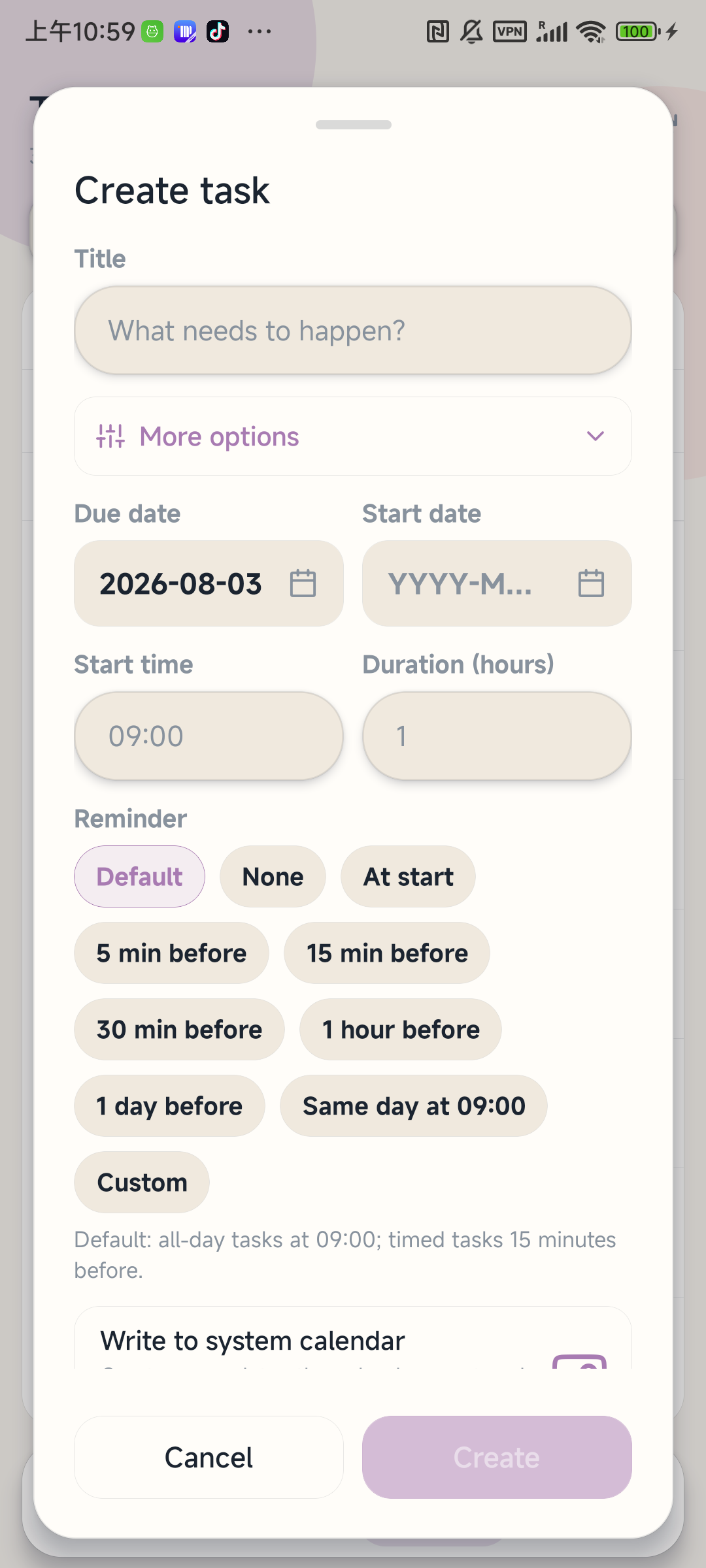 Create task form opened directly from a date in Aino Mobile Calendar