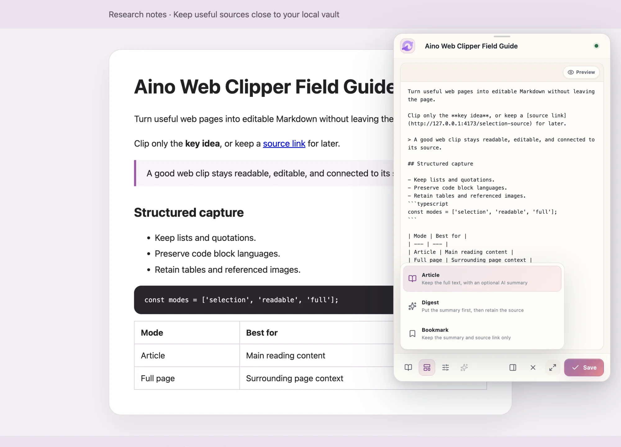 Aino Web Clipper floating panel showing Markdown editing, templates, AI summary, and connection status